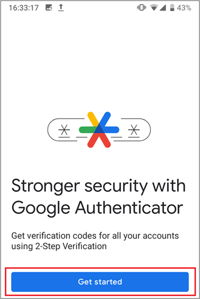 The Google Authenticator get started button